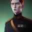 Placeholder: portrait, general hux, wearing a black First Order uniform, serious, imposing figure, thick eyebrows, digital art, red light coming from the left and blue light coming from the right, wearing a black First Order uniform, green eyes