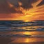 Placeholder: Oil painting of a sunset over the sea, with red and yellow tones, gently rolling waves, palm trees, dense brush strokes, and dramatic lighting.