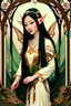 Placeholder: Art Nouveau art style A beautiful as a model asian woodland elf princess who looks like a young Lucy Liu seated on a throne in a mystical forest, photo-realistic