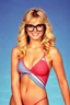 Placeholder: full color image, 1980's yearbook photo, girl, Dolly Parton, 18-year-old, a sly, clever smile on her face, 1980's style two-piece swimsuit, 4k UHD, photorealistic, big cat-eye eyeglasses, full body, head to toe,