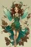 Placeholder: Forest fairy with iridesand teal wings and a cute short leaf dress and pointed ears and multiple vine earings and ear cuffs flying through a mythical forestand brown wavy hair