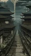 Placeholder: A dark gray ominous mega factory painted by Utagawa Hiroshige