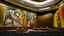 Placeholder: An auditorium in a big city with jazz instruments painted by Pablo Picasso