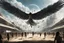 Placeholder: View of a modern Elysium with winged females flying over people running away in fear