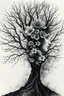 Placeholder: double exposure dry tree with fantasy flowers and profil one fairy face, black and gray and silver watercolor with weet ink, deep dark , surreal, dramatic atmosphere. intricate, stunning textures , mystery. stunning illustration