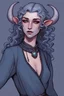 Placeholder: A tiefling with blueish grey skin, knee-length hair with long curly horns