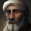 Placeholder: Arab man, hooked nose, grey beard, brown eyes, short hair, short moustache, detailed skin, fantasy, turban, sad