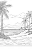 Placeholder: high resolution "realistic", 2D line art design, white background, "sandy beach with trees" clean sky, for coloring page, smooth vector illustration, monochrome,