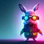 Placeholder: pixar style anamorphic cute smiling baby rabbit, smiling, cyberpunk headphone, sunglass, gangsta gold neckless, full body, magenta puffer jacket, manila city backdrop, dramatic lighting, hyper realistic, unreal engine 5, 16k