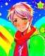 Placeholder: Boy, short white hair, wears a green shirt with yellow stripes, wears a red scarf, has light green eyes, his shirt has a star print, around him, uses star power in his hands, background with various colors and stars, HQ anime manga drawing style