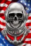 Placeholder: A close up of a skeleton face looking at the camera from a mysterious side view. Deep bony features and inside the hollow eyes are red shining lights, scary. Dressed in an astronaut suit floating in space. On his suit is an American flag and in his one hand is a small wavering American hand flag. From the back of his suit is blowing out blue, white and red smoke. Realistic, 8k, highly detailed, funny