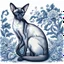 Placeholder: detailed Toile De Jouy style Oriental shorthair Siamese cat sitting in a garden. done in blue on white background