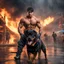 Placeholder: Hyper Realistic photographic-view of Handsome-&-Muscular-Shirtless-Happy-Male-Firefighter-black-hair Saves an adorable Rottweiler from a heavy-fire in an amusement park with destruction & burned-marks-everywhere at dark-rainy-night showing dramatic & cinematic ambiance.