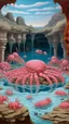 Placeholder: A pink underwater cove with crabs designed in ancient Egyptian architectures and sculptures painted by Diego Rivera