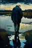 Placeholder: an old man in a bomber jacket black pants and lace up boots walks along the edge of a lake in the style of Vincent Van Gogh