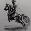 Placeholder: line pencil sketch from side, little knight on the horse in armor with lancet charging