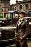 Placeholder: young woman with straight shoulder-length hair, dressed in brown leather trousers and waistcoat, leather gloves and a fascinator in an old industrial courtyard, next to a steampunk steam car on a summers day