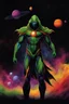 Placeholder: full color, Martian Manhunter, black wall, multicolored paint splatter, Outer Space, Stars, planets, cosmic clouds, multicolored lightning, galaxies, extremely colorful