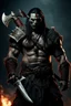 Placeholder: portrait of an orc warrior. Blood on his chest. Dark long braided hair. wearing jewellery. Carrying a battleaxe. High resolution. 4K. 8K. Dark Fantasy style.