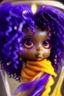 Placeholder: a cute see through glass doll, purple heart inside see through body, yellow scarf, curly black hair, 4k ultra realistic