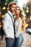 Placeholder: the genre is modern, a gorgeous couple, a beautiful woman model and actress, long hair, bright eyes and a beautiful man in modern clothes, he has blond hair, bright, expressive eyes, perfect facial features, he looks like a famous actor, a very beautiful favorite of all women, a full body, he stands tall, background bokeh