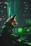 Placeholder: realistic fox Hacker using a server computer green light in cyberpunk scenario green lights without glasses in the top of building