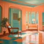 Placeholder: realistic oil painting of 1950s architecture interior house, art deco furniture visible. peach orange and cyan interior