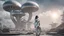 Placeholder: three-quarter-worms-eye view of a woman in a silver robotic catsuit standing in a futuristic derelict city with mushrooms with tentacles, floating in the sky