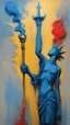 Placeholder: a tough oil brush blue and yellow abstract on rough canvas make a surreal figure of a tall and thin sculpture holding the torch of Liberty with red flame