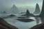 Placeholder: mist, rocks, lagoon reflection, clouds, distant city, person, sci-fi, epic