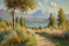 Placeholder: Sunny day, mountains, river, distant house, flowers, trees, claude monet and friedrich eckenfelder impressionism paintings