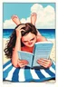 Placeholder: beautiful woman on her stomach, face towards viewer, elbows on beach towel, feet upward, while reading a book, lowbrow silkscreen poster by artist Rockin' Jellybean