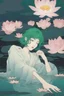 Placeholder: A green-haired woman lies at the bottom of the pool, with lotus flowers floating on the water, night time, reflection, loose strokes, dynamic lighting, digital art, art by james jean, takato yamamoto, 4k, concept art, illustrative, high contrast
