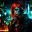 Placeholder: Darksynth,horror,Judy Alvarez,anime cyberpunk girl, eye shadows, arasuka, cyberpunk night city, piercing, gang tatto, red hair