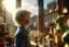 Placeholder: a little boy with curly blond hair is standing with his back to us, looking at toys (stuffed animals, building blocks, trains, legos, rocking horses) in a toy shop window Nikon D850 digital painting fantasy 4k very attractive fantastic view ultra detailed 4K 3D cinematic postprocessing in sunshine