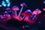 Placeholder: : red and purple bioluminescent Ecplorations shrooms planted in a small thicket of grass, LSD, psychedelic, macro shot, tilt-shift, depth of field, photorealistic, hyper-realistic, glowing light, dark