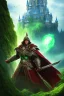 Placeholder: Powerful wizard using green magic, wearing dark cloak, fighting big stone monster, castle on mountains in background