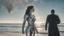 Placeholder: Wide-angle shot of a woman, standing to one side on a beach with huge waves, with dark hair in a silver robotic catsuit, many large Portuguese Man-of-War jellyfish floating high up in the air, masterpiece, best quality, super detailed