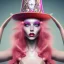 Placeholder: Beautiful pink witch made of fire with red eyes. Long curly wild pastel pink hair. Pink and red eyeshadow. Red lipstick. Freckles. Big pink witch hat.