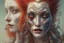 Placeholder: head and shoulders portrait, long red hair, face paint, jester/clown, Takato Yamamoto artist, Akiya Kageichi artist, Jedediah Berry inspired, 8k resolution concept art portrait, dynamic lighting, hyperdetailed, intricately detailed, maximalist, beautiful, peaceful, fire