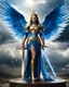 Placeholder: Length image An photography epic and realistic photography full body image of, a beautiful queen, a film character with large white wings, holding a shining blue sword, wearing colors armor with gold details,luxury booth shoes, against a background of a cloudy sky with sunlight breaking through the darkness clouds,thunderstorm, in a stand dramatic pose, looking like a hero ready for an epic adventure.