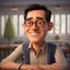 Placeholder: a portrait of smiling a man. carricature. mature. boss. dark black hair. short hair. light brown skin. dark brown eye pupils. wearing small rectangle, thin frame glasses. square face shape. formal dress. pixar style. 3D. 4k. portrait. highly detailed. sharp focus. high resolution. full color. cinema lighting