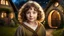 Placeholder: Little very young hobbit girl, beautiful, confident, calm, wise, happy, innocent, facing camera, head and shoulders, curly hair, hobbit clothing, perfect eyes, LOTR village, hobbit homes with circular windows and circular doors, night scene, stars, fireflies, 16k artistic photography, exquisite composition, photorealistic concept art, soft natural volumetric light, chiaroscuro, award-winning photograph, masterpiece, style William-Adolphe Bouguereau