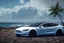 Placeholder: A Tesla 'Model 3' is racing at top speed, at the beach of Waikiki in Hawaii. CINEMATIC. WIDE ANGLE LENS. PHOTO REAL.