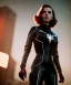 Placeholder: retro sci-fi portrait image from 1960, supermarket parking explosion, fire, classic black widow, young Scarlett Johansson, classic black tight lycra latex suit, retro 1960 superhero style, soft color, highly detailed, unreal engine 5, ray tracing, RTX, lumen lighting, ultra detail, volumetric lighting, 3d, finely drawn, high definition, high resolution.