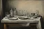 Placeholder: Dishes and glasses on a table in the style of Vilhelm hammerschoi