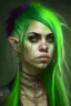 Placeholder: portrait of a halfling woman, long green hair, very beautiful, kind look, several earrings, lip piercing, a bit punk