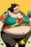 Placeholder: Fat Woman, 180 cm tall, weight approximately 250 kg. In a cow-patch bikini, she is eating and her belly is bloating very much, it is obvious that it is full.