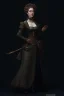 Placeholder: warm but stern aunty victorian era, posh british accent influenced, high born facial features dnd character on a solid black background, full body image, high quality realistic.