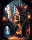 Placeholder: medieval fantasy cobblestone town with stained glass window buildings fairytale rpg art